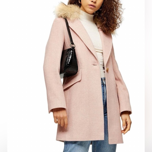 Topshop Monica Faux Fur Collar Coat in Petite - Picture 1 of 2